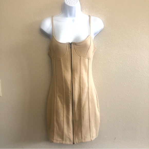 Forever 21 Tan Ribbed Bustier Zippered Bodycon Mini Knit Dress Size L - Picture 1 of 10